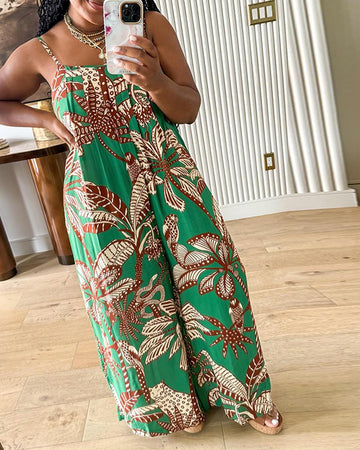 Tropical Print Spaghetti Strap Back Shirred Jumpsuit Casual Loose Fit Romper